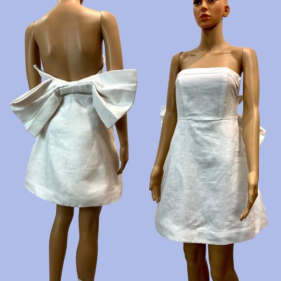 New DISSH Aisle White Linen Back Bow Mini Dress | size 4 - Picture 3 of 10
